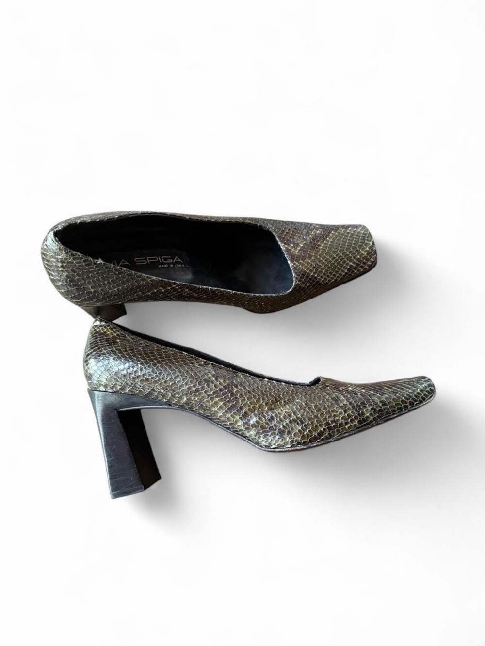 VIA SPIGA Olive Snake-Print Block Heel Pumps